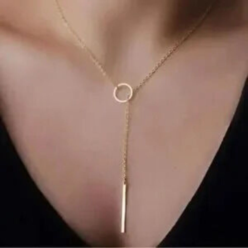 Gold Bar Circle Lariat minimalist Necklace - Picture 1 of 2